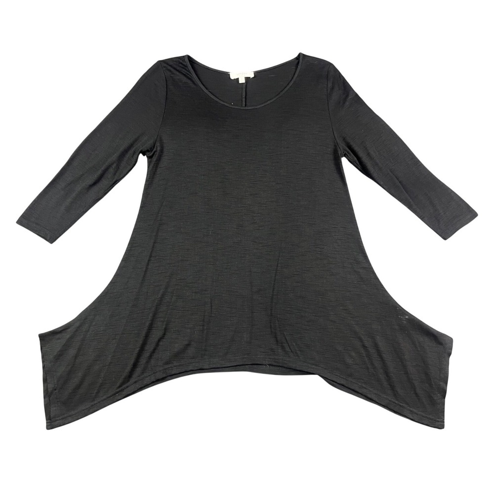 Umgee USA Black Slub Knit Sharkbite Hem Tunic Top 3/4 Sleeve Small Minimalist